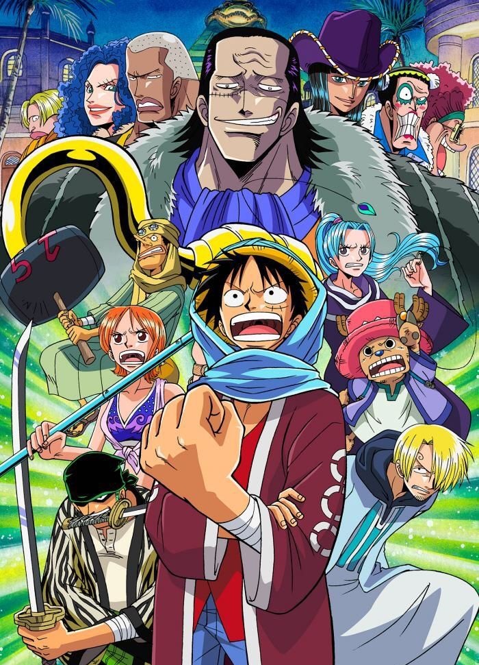 One Piece, featuring the Sraw Hats all looking determined, with the Baroque Works towering behind them.